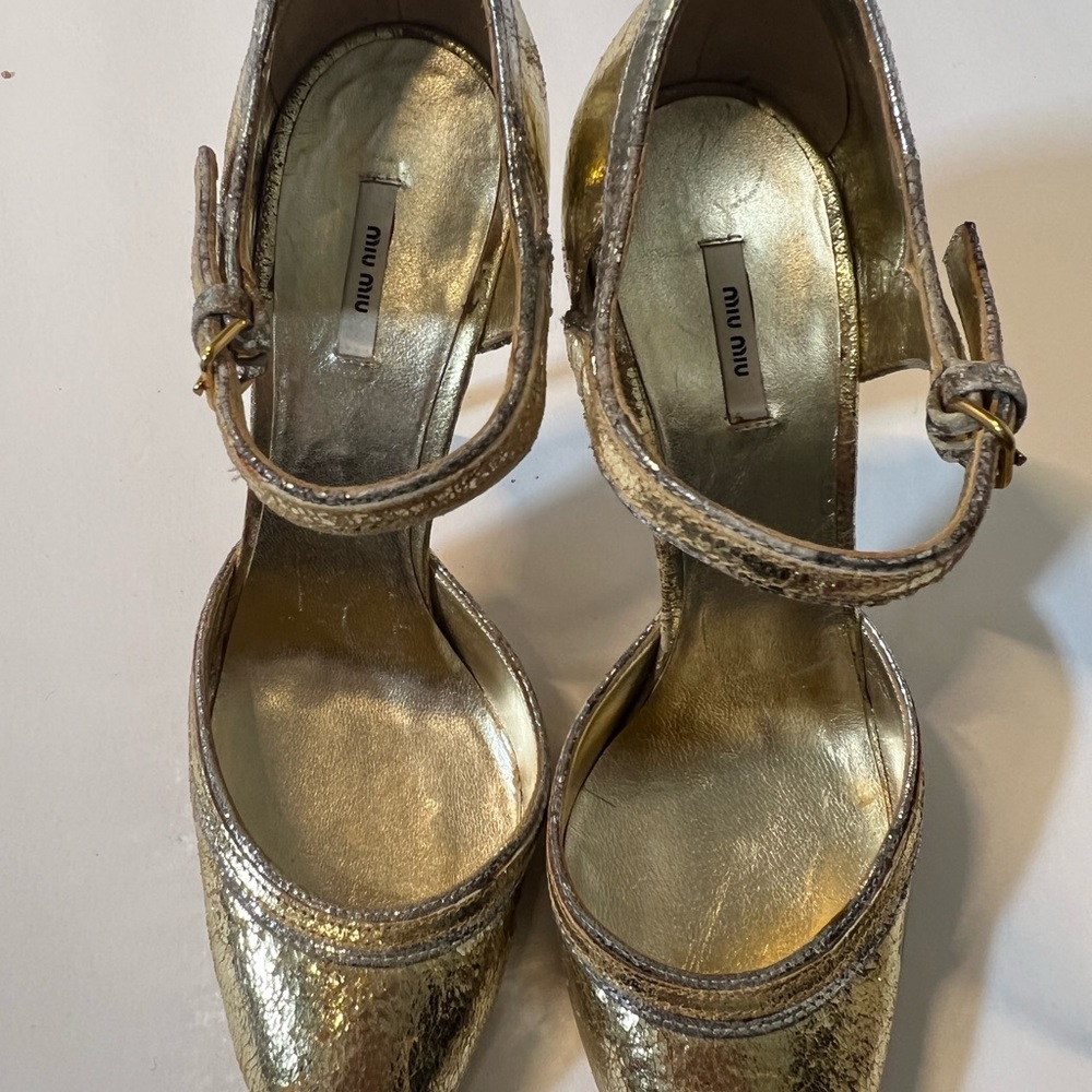 Miu Miu Metallic Gold Mary Jane Heels with Ankle Strap